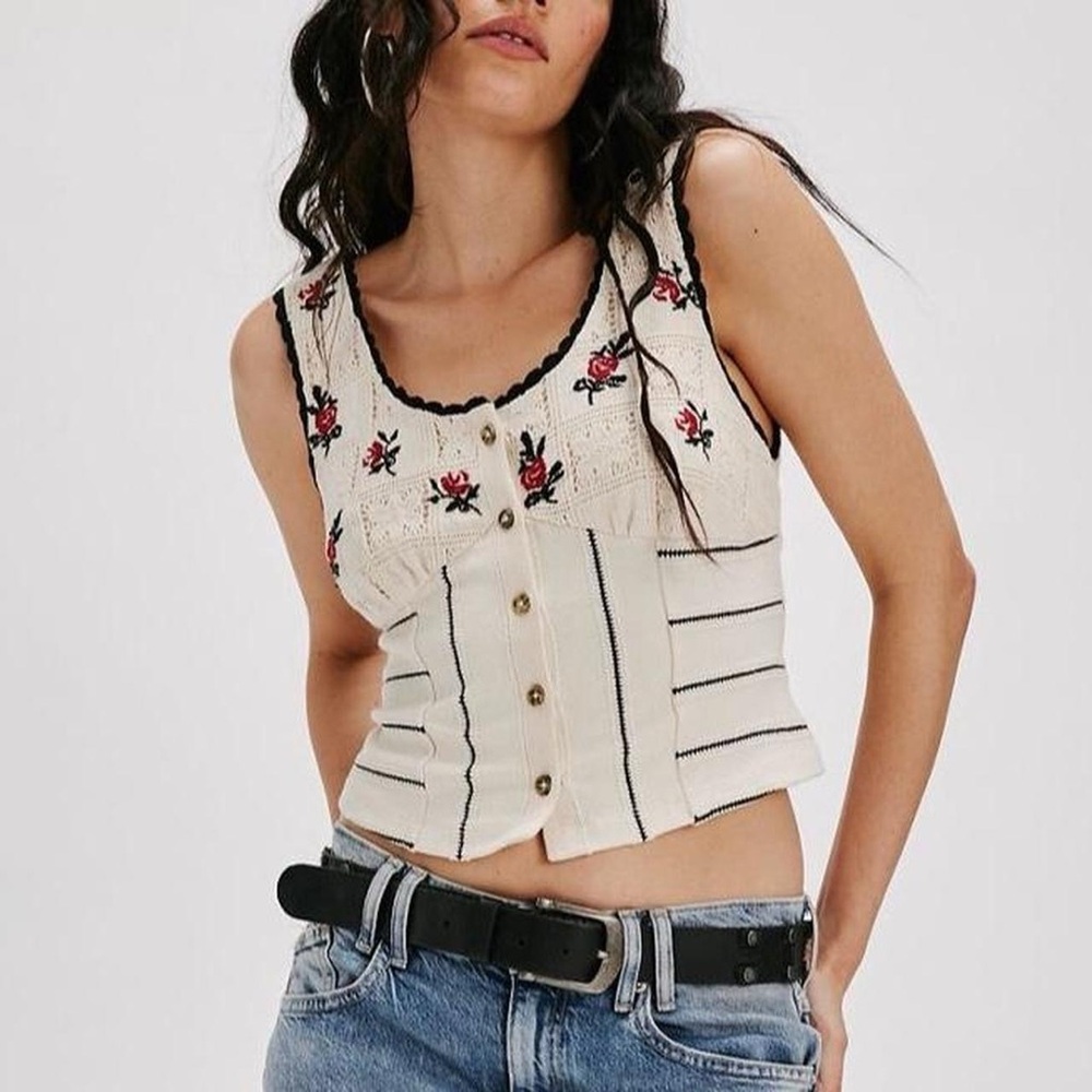 NWT Free People Rose Bud Floral Embroidered Lace Corset Tank Top in Ivory - L - Picture 4 of 8